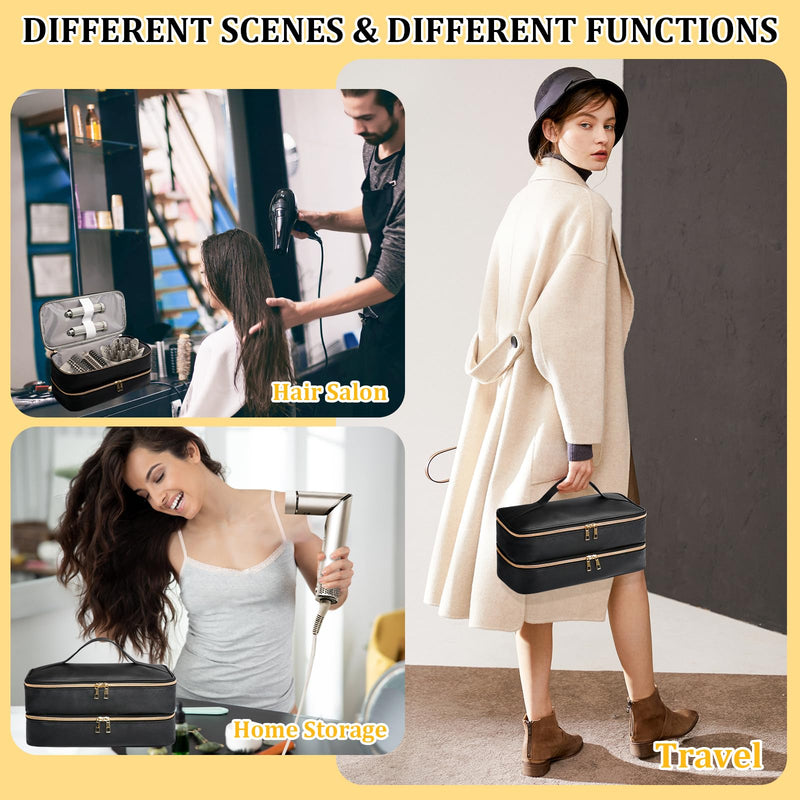 Travel Carrying Case for Shark Flex Style, Double Layer Storage Case for Shark SpeedStyle Hair Dryer Attachments, Waterproof PU Leather Organizer Bag (Black+Dianthus White)