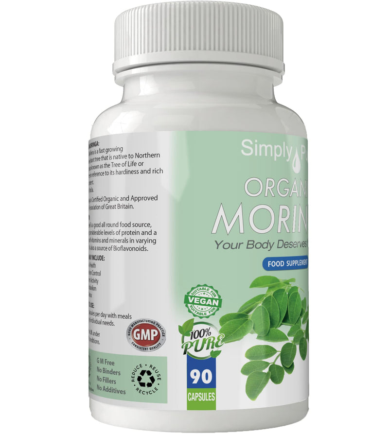 Organic Moringa Oleifera for Heart Health | 500mg Capsules x 90 | 100% Pure Soil Association Certified | Gluten Free | GM Free | Vegan