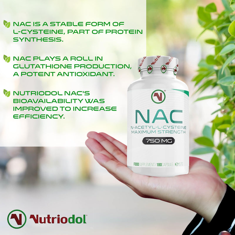 NAC Supplement 750mg | Vegan Capsules | N-Acetyl-Cysteine Amino Acid - High Bioavailability - Providing Non Toxic Stable Form of L-Cysteine - EU Made to ISO and GMP Standards (180) 180 count (Pack of 1)