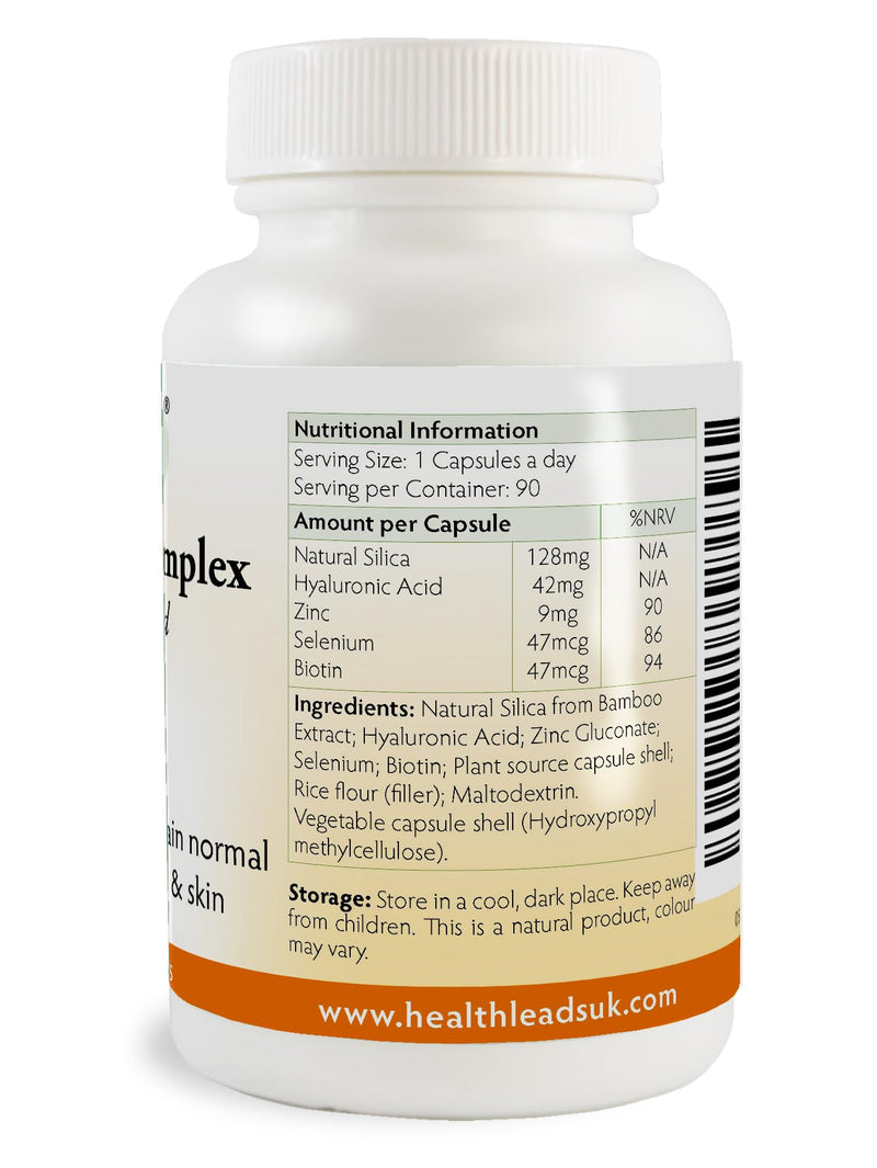 Advanced Silica Complex, High Strength Natural Silica from Bamboo Extract, Zinc Selenium and Biotin contributes to the Maintenance of Normal Hair, Skin and Nails, No Magnesium Stearate, 90 Capsules