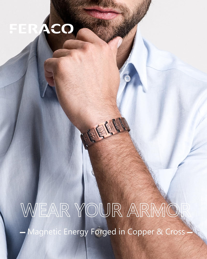 [Australia] - Feraco Copper Cross Bracelet for Men,Magnetic Therapy Bracelet with 46 Magnets - 99.99% Pure Copper Copper Cross Beacelet 