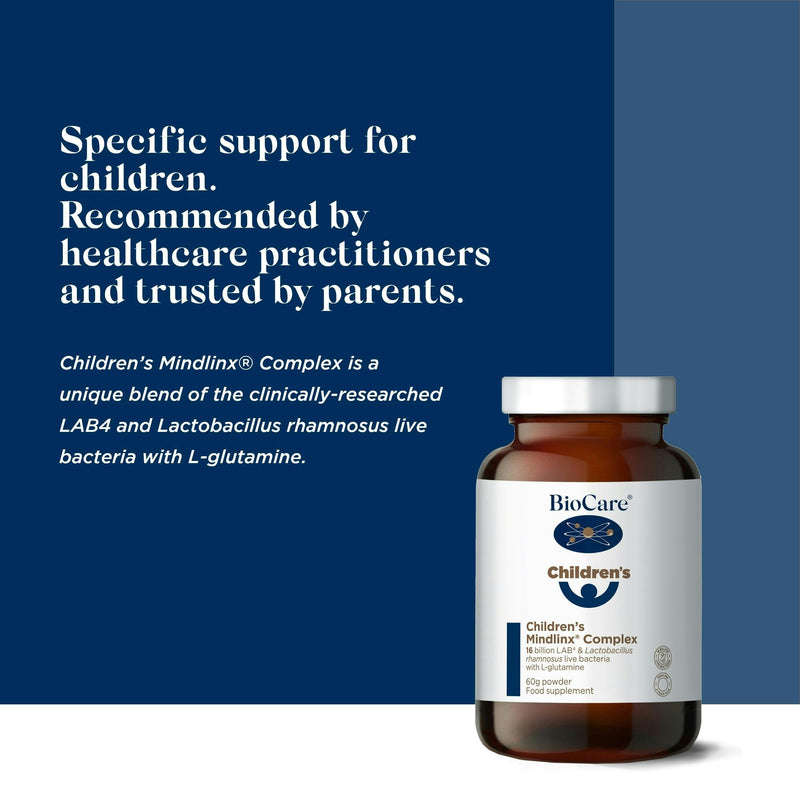 BioCare Children's Mindlinx Complex - 16 Billion LAB4 & Lactobacillus Rhamnosus Live Bacteria, with L-glutamine - Apricot Flavour - Vegan Friendly - 60g Powder