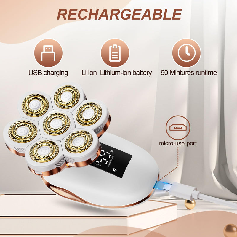 2-in-1 Electric Razors for Women, Wet/Dry 7D Rechargeable Rotary Shaver for Legs, Water Resistant Grooming Kit - Electric Razors for Women, Facial Hair Removal, Bikini Trimmer, Lips - Gentle Hair Remo