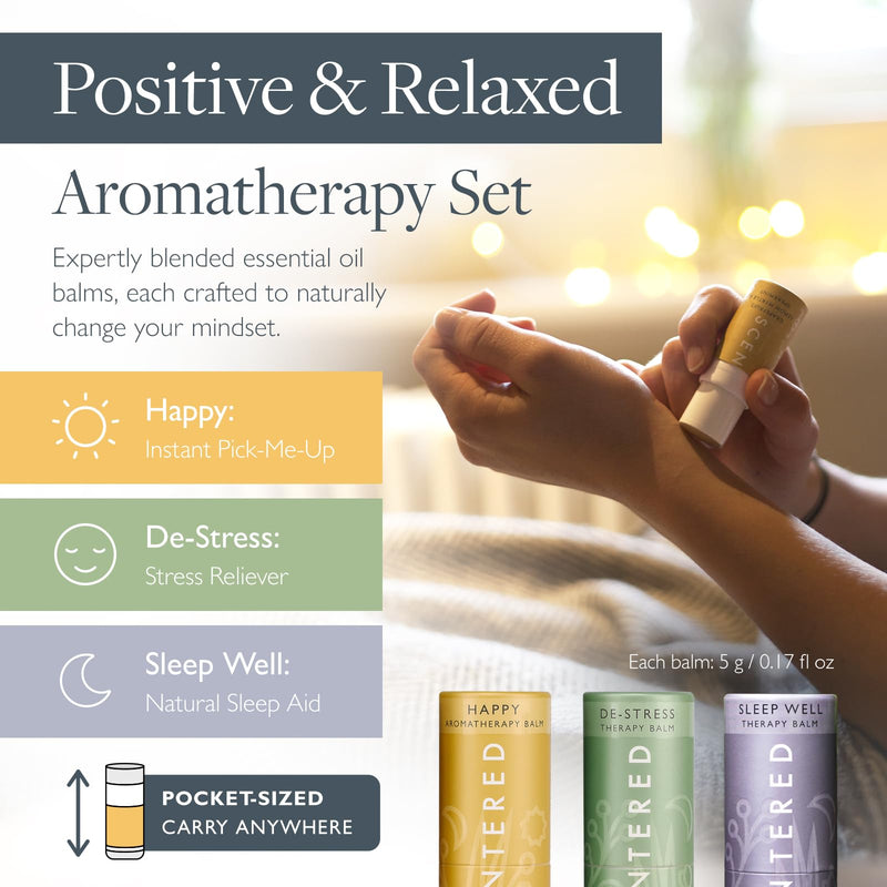 Scentered Aromatherapy Balm Gift Set - Positive & Relaxed - Pack of 3 Balms: Happy, De-Stress, Sleep Well - Lavender, Cedarwood, Rosemary Essential Oil - Mindfulness Gifts for Women