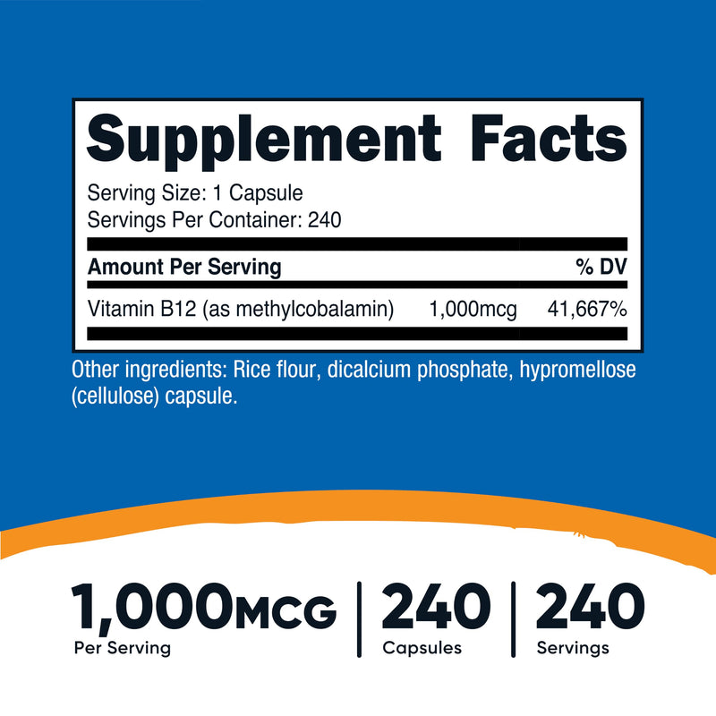 Nutricost Vitamin B12 (Methylcobalamin) 1000mcg, 240 Capsules - Vegetarian, Non-GMO & Gluten Free B12 Supplement (Pack of 2) 240 Count (Pack of 2)