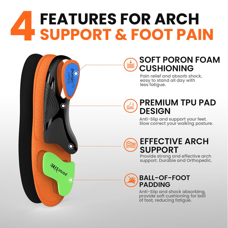[Australia] - Work Insoles Fatigue Relief High Arch Support, Welnove Plantar Fasciitis Insoles Orthopedic Pain Relief for Long-Term Standing, Flat Feet, 220+ lbs Heavy Duty Men Women (M) Orange M (42-44) 