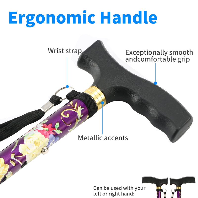 [Australia] - Walking Cane LIXIANG Cane for Man/Woman | Mobility & Daily Living Aids | 5-Level Height Adjustable Walking Stick | Comfortable Plastic T-Handle Portable Walking Stick Folding Cane Purple printing 