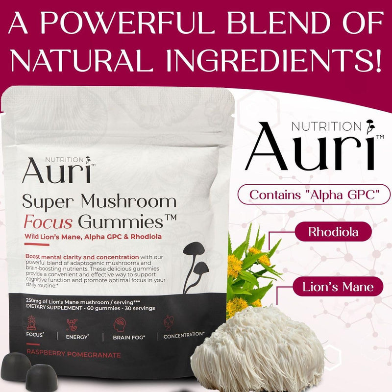 [Australia] - Auri Super Mushroom Focus Gummies - w/Lion's Mane, Alpha GPC & Rhodiola - Mushrooom Supplement to Support Cognitive Function, Mental Clarity, Focus & Energy | 60 Gummies, Vegan Friendly, Non GMOs 