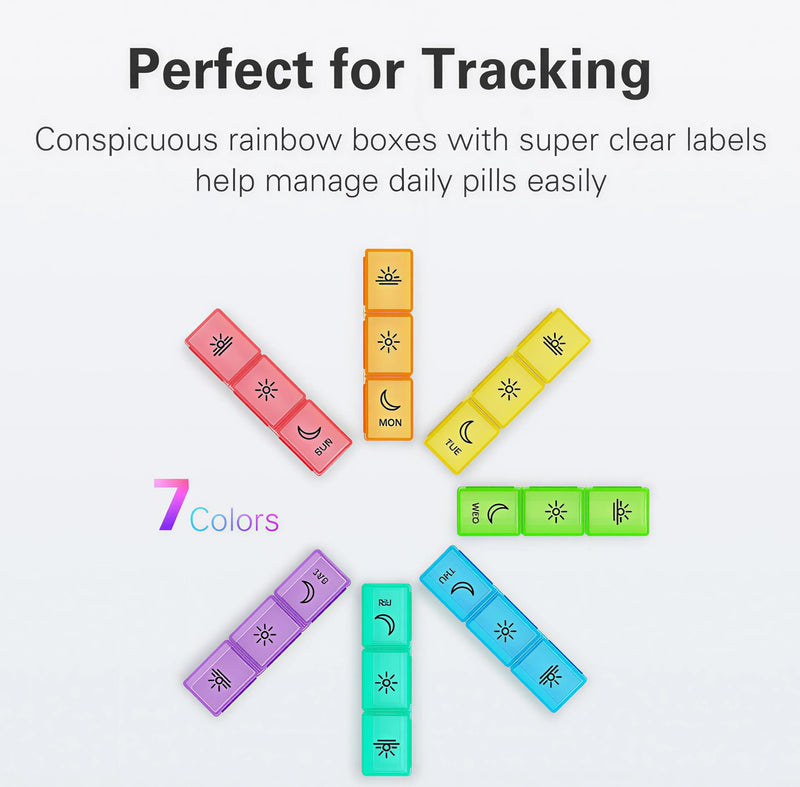BUG HULL Pill Organizer 3 Times a Day, Weekly Pill Organizer 3 Times a Day, 7 Day Pill Box Cases Morning Noon Evening, Medicine Pill Organizer for Vitamin, Cod-Liver Oil, Supplements (Rainbow White) Rainbow White