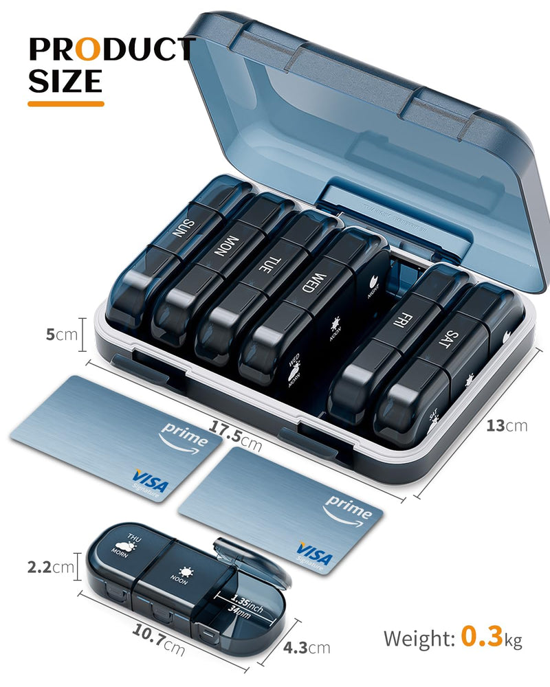 ONTERATE Weekly Pill Organizer 3 Times a Day, Large Pill Organizer 7 Days, Portable Pill Case 21 Days, Moisture Proof Large Pill Dispenser, Travel Pill Box for Vitamins Fish Oil Supplements (Blue) Blue