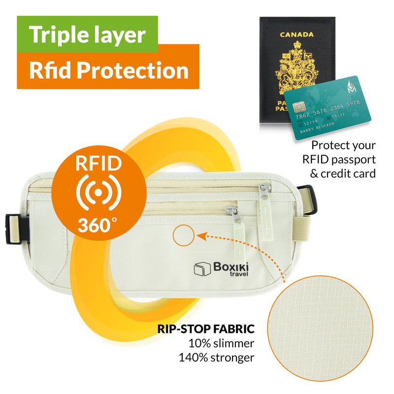 Boxiki Travel RFID Protection Bundle: Money Belt with RFID Sleeves Set and RFID Blocking Sleeves