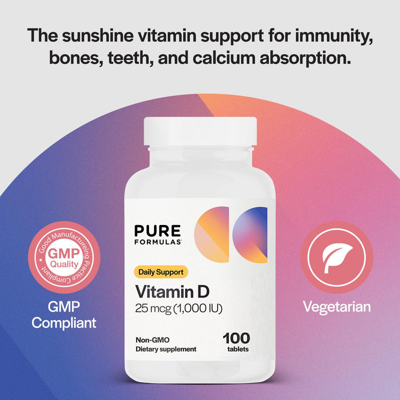 PureFormulas Vitamin D3 1,000 IU 25 mcg - Premium Vitamin D Supplement for Healthy Bone Formation, Teeth, Cardiovascular Health, and Immune Support Non-GMO - 100 Count Tablets 100 Count (Pack of 1)