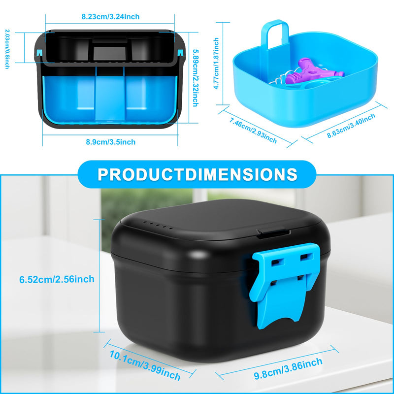 Denture Bath Case Leak Proof, Travel Denture Cup for Soaking Dentures & Retainer, Retainer Cleaner Case, Upgraded Double-Layer False Teeth Container with Strainer, Black+Light Green.