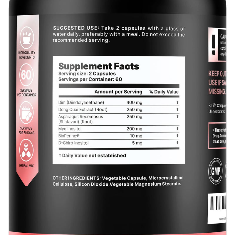 [Australia] - DIM Supplement 400 mg with Myo & D-Chiro Inositol, Dong Quai - PCOS Supplements – Hormone Balance for Women – Fertility Supplements – Inositol Supplement - 120 Caps 120 Count (Pack of 1) 