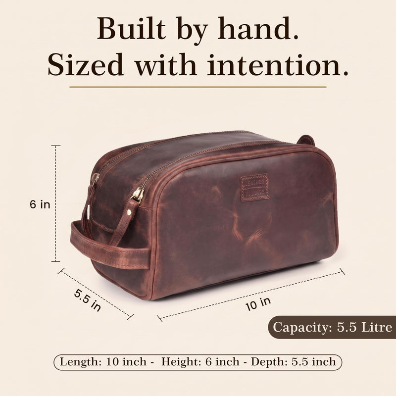 LEATHER VILLAGE Leather Toiletry Bag for Men, Travel Dopp Kit Shaving Bag | Full grain buffalo leather, water-resistant lining, 10x6x6 in YKK zippers, side handle, travel shaving & grooming kit -Cherry Mulberry Brown