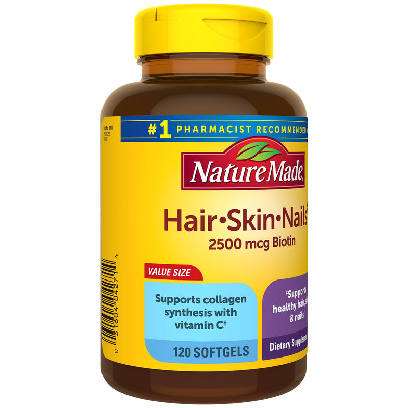 [Australia] - Nature Made Hair Skin and Nails with Biotin 2500 mcg, Dietary Supplement For Healthy Hair Skin and Nails Support, 120 Softgels, 120 Day Supply 1 Count (Pack of 120) 