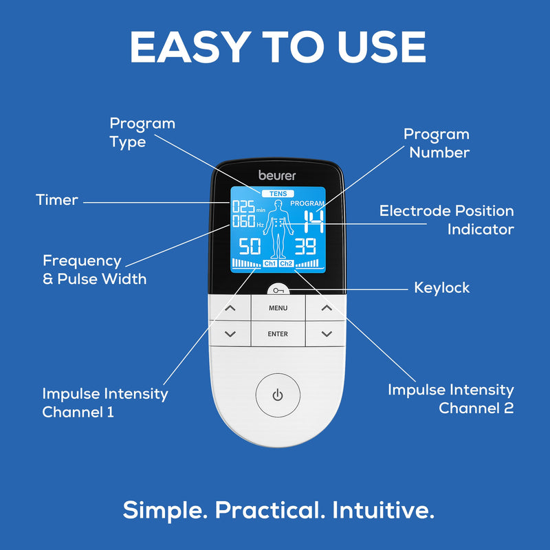 Beurer EM49 Digital TENS & EMS Device for Pain Relief and Muscle Stimulation, 15 TENS Programs, 35 EMS Programs, 2 Adjustable Channels with 4 Self-Adhesive Electrodes Blue