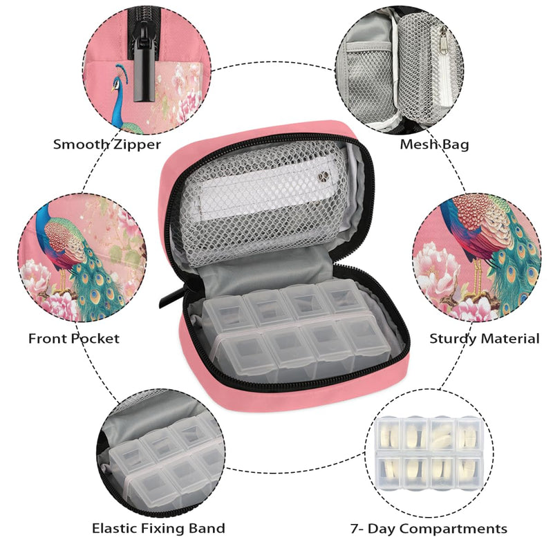 Pink Peacock Pill Case Travel Pill Organizer with Zipper Medicine Box | Pink Flower Peacock Pill Case Weekly 44 Day Portable for Vitamins Birth Control Fish Oils Medication Supplements A:color11