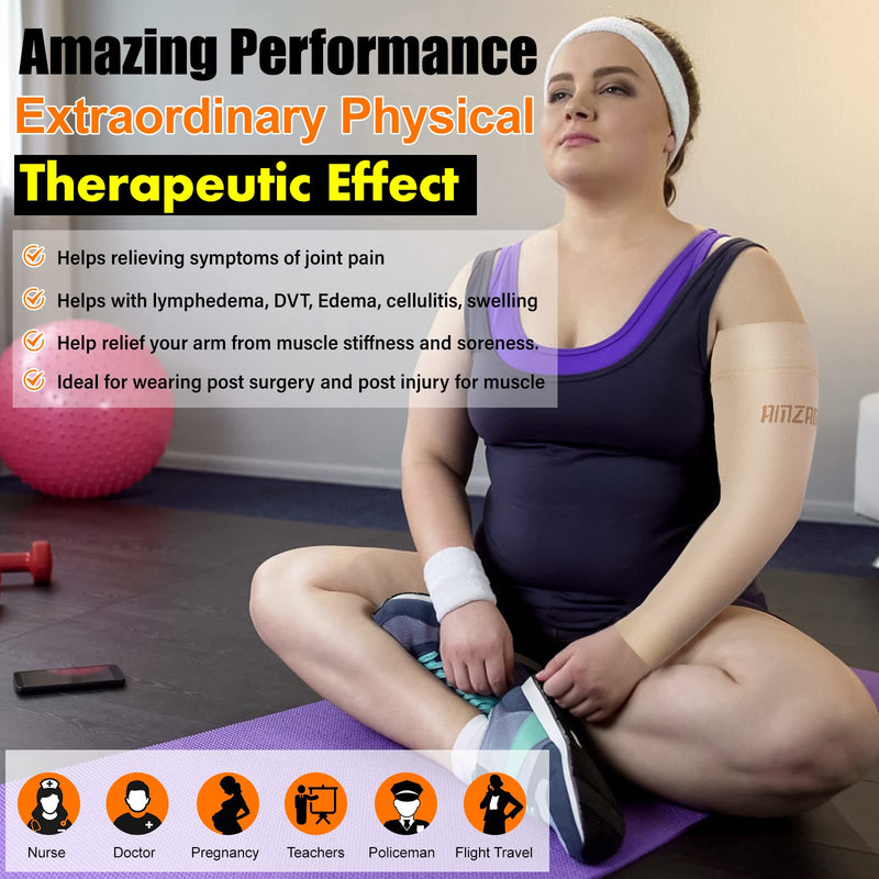 [Australia] - AMZAM® Medical Compression Arm Sleeve for Women & Men, 15-20 mmHg Graduated Compression Brace with Silicone Band for Pain Relief, Lymphedema, Edema, Swelling, Arthritis, Beige L Large (Single) Beige (15-20 Mmhg) 