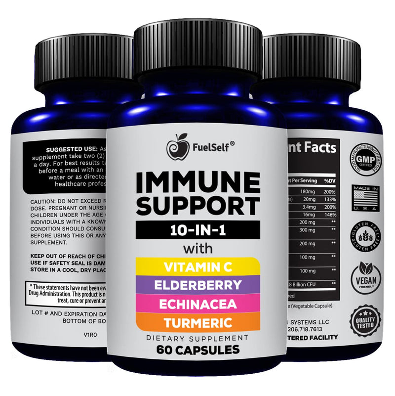 Immune Support Booster Supplement with Elderberry, Vitamin C, Echinacea, Turmeric Curcuminoids, Vitamin E, Vitamin B6, Zinc, L-Glutamine HCL, Garlic, Lactobacillus Acidophilus :: 60 Count, 1 Pack
