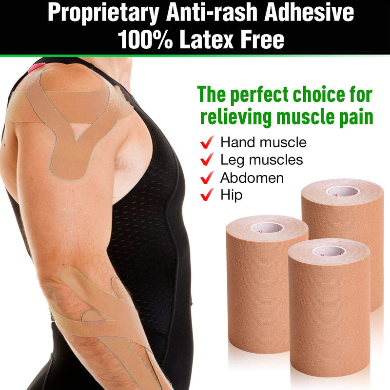 [Australia] - 3 Pack Kinesiology Tape, Water Resistant Muscle Support Adhesive Sport Tape for Pain Relief, Latex Free Cotton Elastic Athletic Tape for Joints, Knee, Ankle, Shoulder, Wrist - Tan 4in 5.5yd 