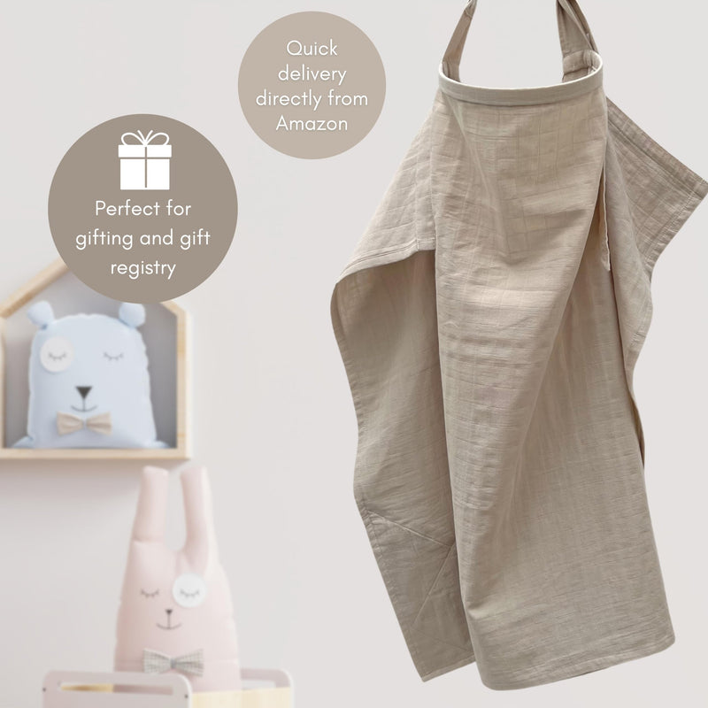 [Australia] - 100% Organic Cotton Muslin Nursing Cover for Baby Breastfeeding, Breathable 100% Cotton Breastfeeding Cover with Rigid Hoop for Mother Nursing Apron, Multi-use Carseat Canopy (Oatmeal Beige) Oatmeal Beige 