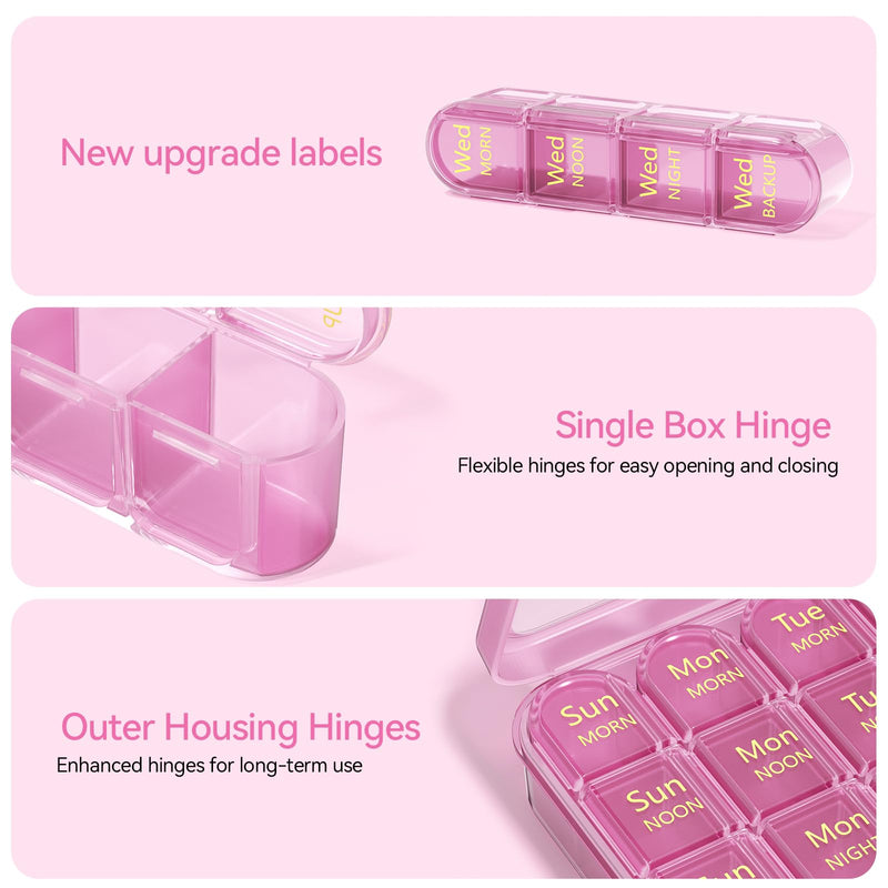 Zoksi Pill Organizer 4 Times a Day,7 Day Pill Box with Removable Daily Case | Large Medicine Organizer for Pills, Vitamins and Supplements, Easy Open 180 Degree Lids, Travel Pill Case Pink Purple