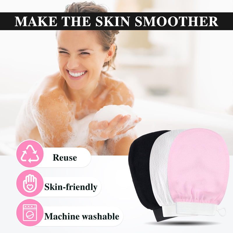 [Australia] - Soodyoow 3 pieces exfoliating gloves, peeling gloves, peeling gloves, bathing gloves, exfoliating gloves for skin massage, removing dead skin, for women and men (black, white, pink) 3 pieces (black, white, pink). 