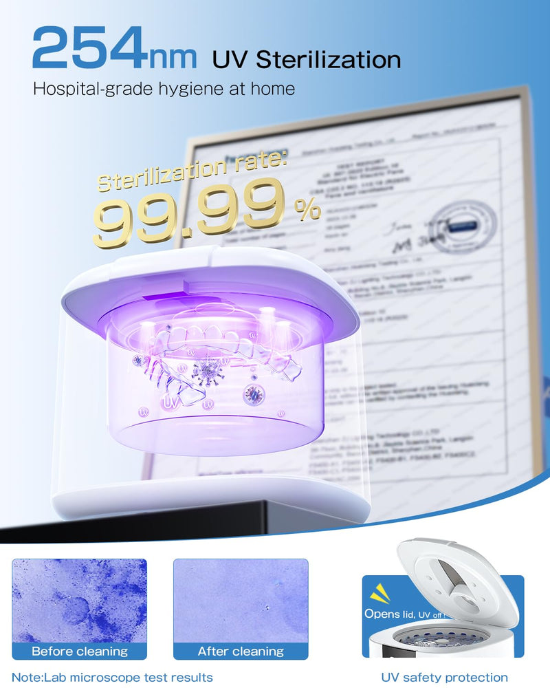 [Australia] - 2025 Enhanced Ultrasonic Retainer Cleaner, 2X Efficiency, 45kHz Dentures Cleaner Machine with UV Lights&4 Clean Modes, Dental Cleaning Pod for Aligner, Nightguard, Mouth Guards, Jewelry, Rings, etc 