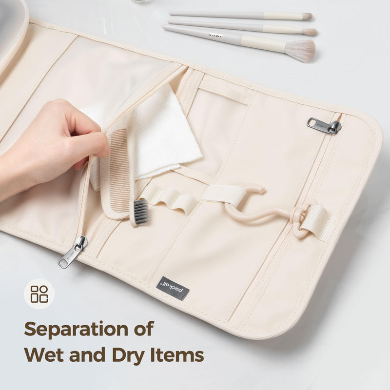 pack all Hanging Travel Toiletry Bag, Compact Size, Coated Knitted Fabric | Water-Resistant, Wet & Dry Separation, 360° Swivel Hook, Multiple Compartments, Stores Toiletries & Accessories, Light Beige