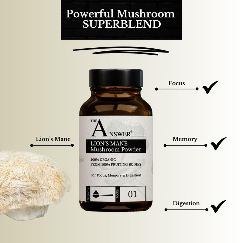 The Answer 100% Organic Lion's Mane Mushroom Powder 50g for Focus, Memory and Digestion - 1000mg-2000mg per Day - High Strength Immune Support Supplement and Everyday Superfood - Made in The UK