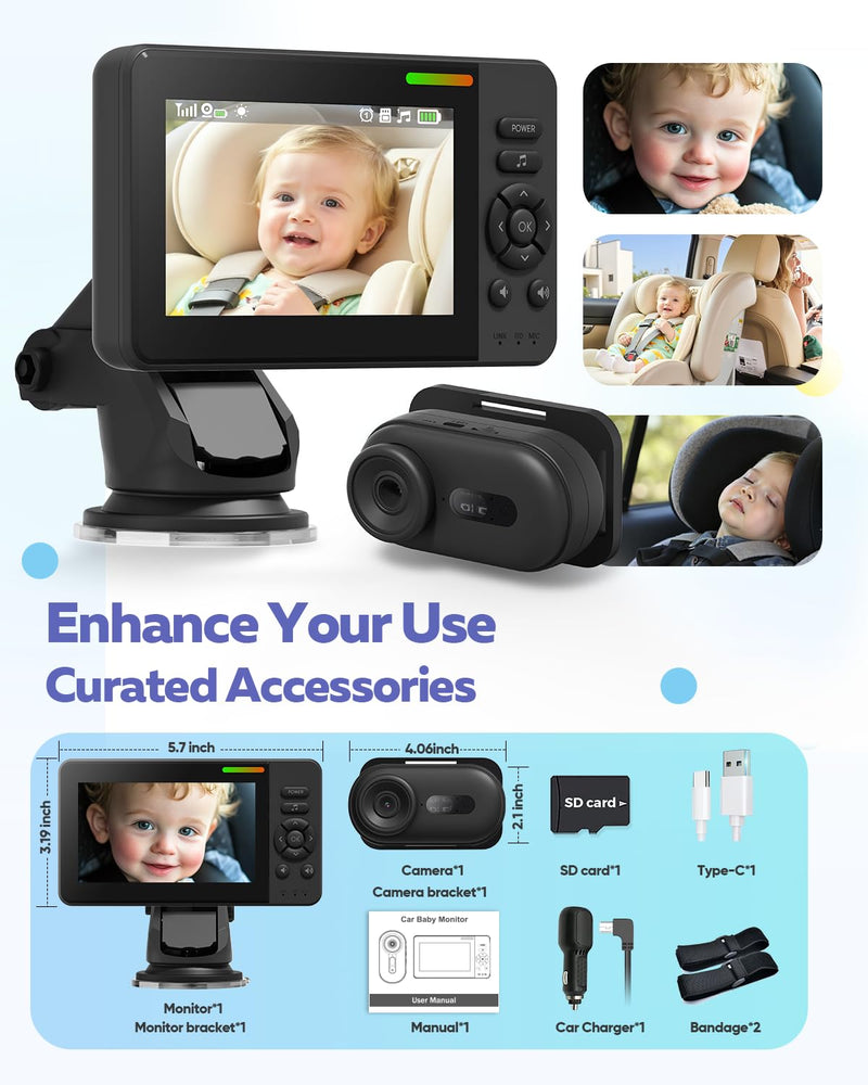 [Australia] - Wireless Baby Car Camera with 1080P Advanced Night Vision and 32H Battery, No Wi-Fi Needed Easy Setup Car Baby Monitor with Video Recording Adjustable Angle, Newborns Travel Essentials Gifts 