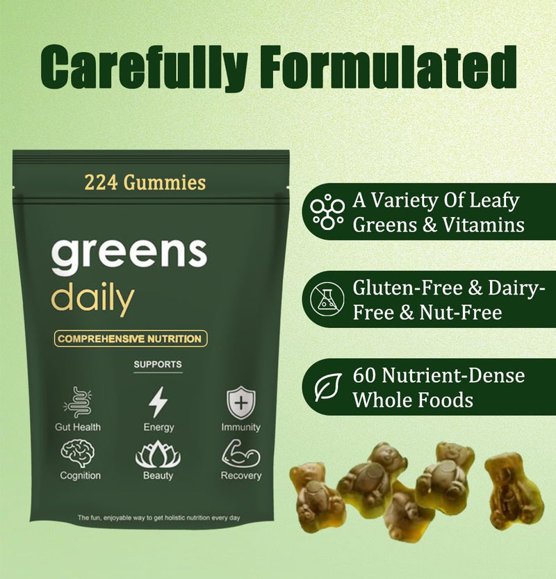 [Australia] - Greens Gummies - Organic Chlorella and Spirulina, Digestive & Gut Health, Formulated with 60+ Ingredients, Multi-Vitamins & Minerals, Daily Gummies, 224 Gummies Bear 