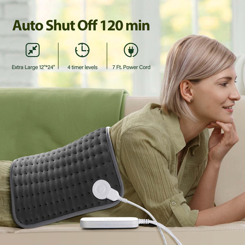 [Australia] - Heating Pad for Back, Neck and Shoulder Pain Relief, Electric Heat Pads for Cramps with 6 Heat Settings, Auto Shut-Off, Moist Dry Heat Options, Machine Washable, 12" x 24", Gifts for Women Men Grey 