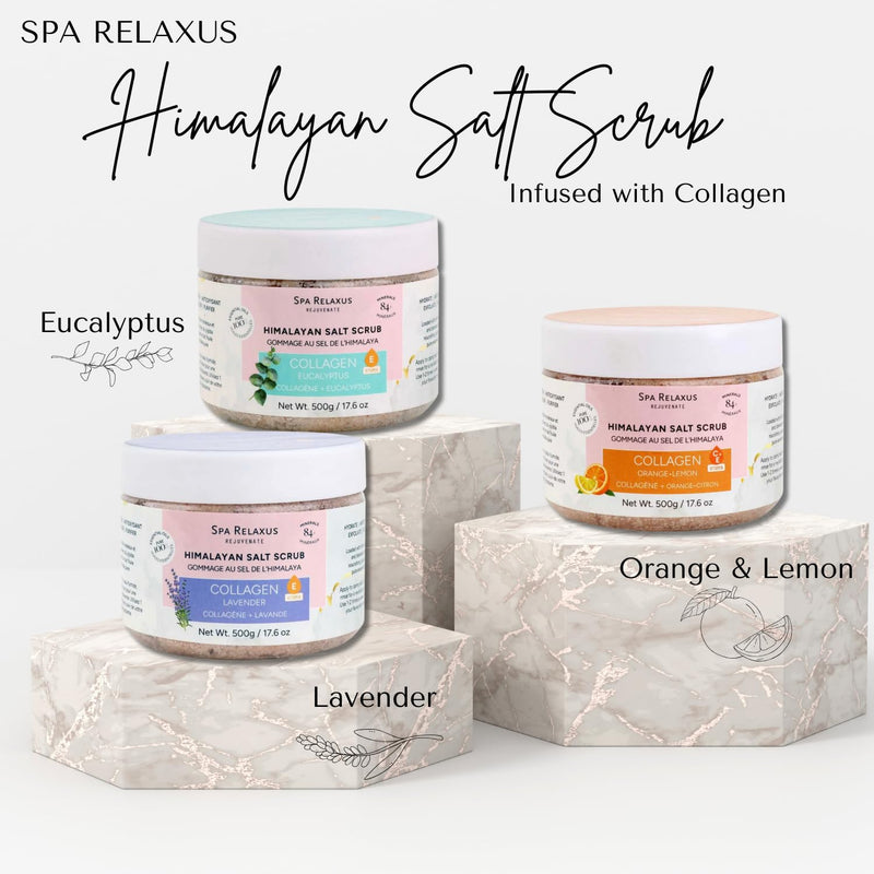 Spa Relaxus Himalayan Salt Scrub with Collagen 17.6 oz Jar, Rejuvenating Hydrating Salt Scrub with 84+ Minerals, Vitamin E, Jojoba Oil and Essential Oils (17.6 oz, Eucalyptus) 17.6 Ounce (Pack of 1)