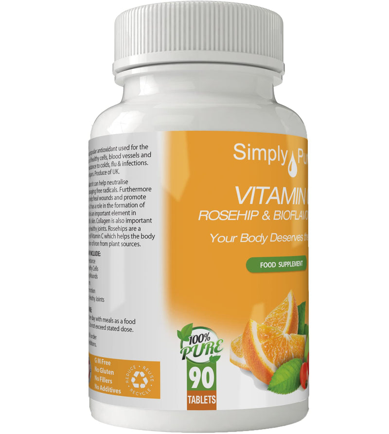100% Natural Vitamin C from Rosehips & Citrus Bioflavonoids for Immunity and Collagen Boost | 1400mg Tablets x 90 | High Strength | Gluten Free | GM Free | Vegan