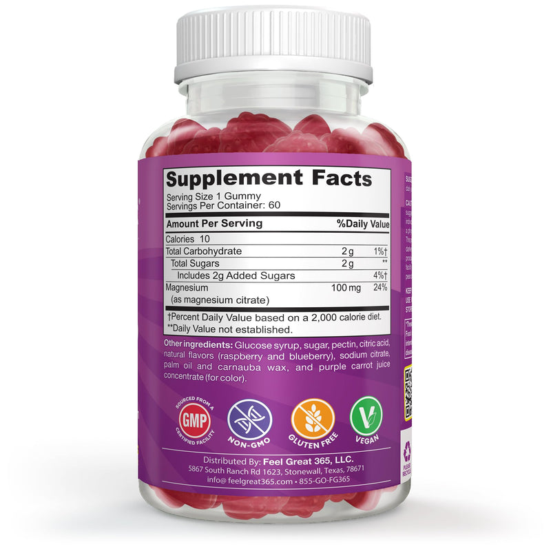 Feel Great Kids Magnesium Citrate Gummies, Calm Support, 60 Count | Magnesium Citrate for Calm Support, Natural Berry Flavor, Ages 4+, Kids Gummy