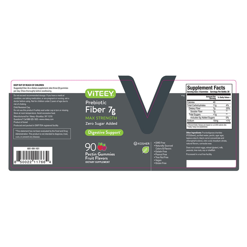 Viteey Prebiotic Fiber Gummies for Adults, 7g | Gut Health & Digestive Soluble Fiber Supplement Gummies - Zero Sugar Added, Vegan, Gluten-Free - 180 Count 90 Count (Pack of 2)