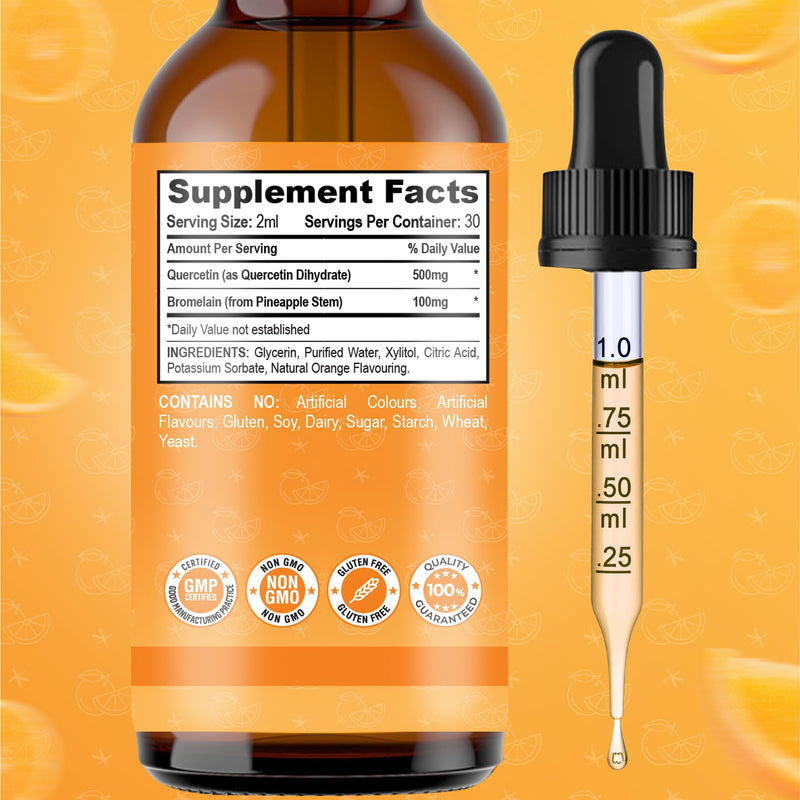 Quercetin Liquid Drops 60ml - High Strength 500mg Per Serving Bromelain Drops - Antioxidant Quercetin Supplement for Absorption - Fast Absorbing Polyphenol Querctin Complex - Orange Flavour