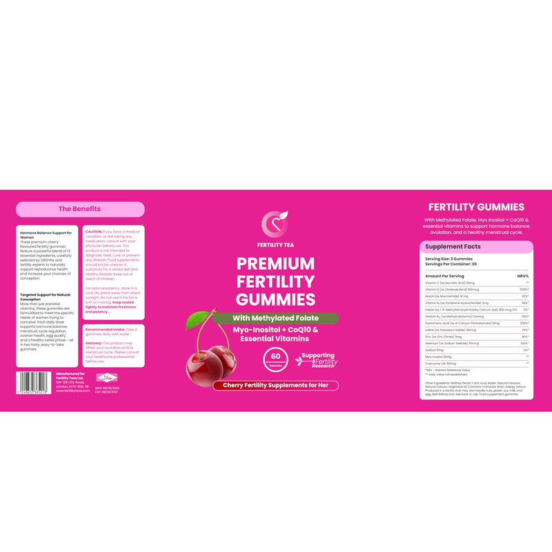 Premium Fertility Supplements for Women – Myo-Inositol & Folic Acid - Cherry Flavour Gummies with Vitamins D & B12, CoQ10-25 – 60 Vegan, Halal Fertility Vitamins for Reproductive Health.
