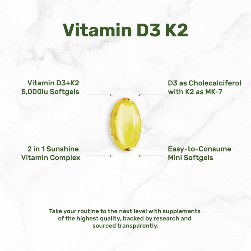DEAL SUPPLEMENT Vitamin D3 5,000 IU + K2 MK7 Softgels, 250 Count | 2-in-1 Complex | Easy to Swallow 250 Count (Pack of 1)