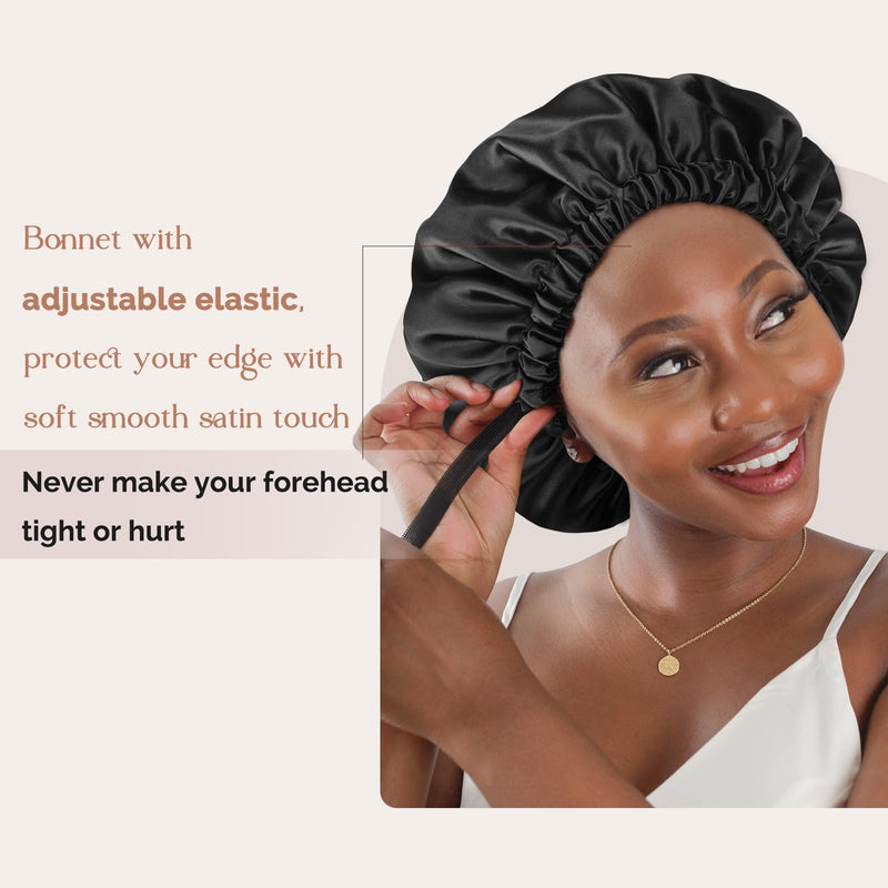 [Australia] - YANIBEST Satin Bonnet Silk Bonnet Hair Bonnet for Sleeping Hair Bonnets for Women Curly Natural Hair One Size Black 