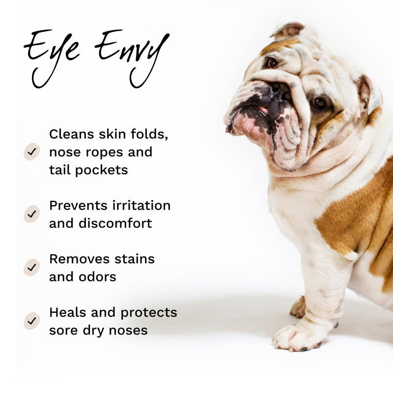 Eye Envy Bulldog Wrinkle Cleaner & Nose Care Kit. Bulldog Wrinkle Wipes, Tear Stain Powder, Applicator Brush & Dog Nose Balm. Cleans Skin Folds. Removes Stains. Helps Cracked Noses. Made in USA - PawsPlanet Australia