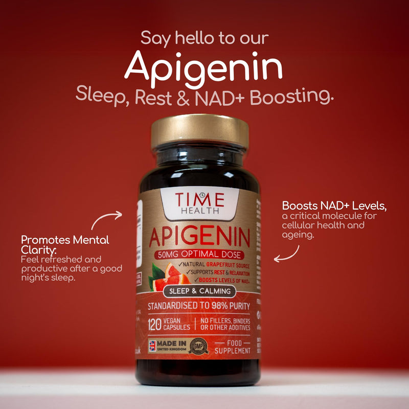 Apigenin - 50mg x 120 Capsules - 98%+ Purity - Optimal Dose for Sleep & Relaxation Support - NAD+ Booster - Grapefruit Source - UK Made - GMP Standards - Zero Additives (120 Count (Pack of 1)) 120 count (Pack of 1)