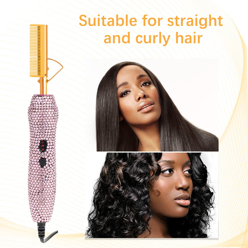 Diamond Electric Adjustable Temperature Hair Straightener Brush Set for Wigs and Natural Black Hair (Gold) Gold