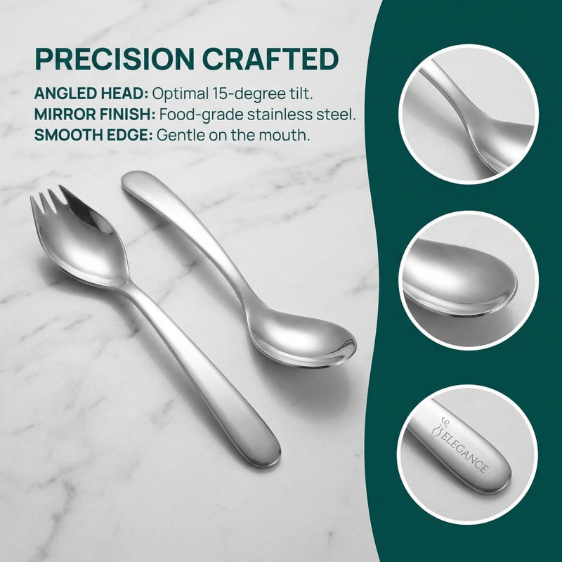 Adaptive Spoon Feed Utensils for Elderly Ergonomic Stainless Steel Angled Spoon and Fork Set for Self-Feeding Patients Comfortable Curved Tableware for Disabled and Bedridden Individuals, 5/6"