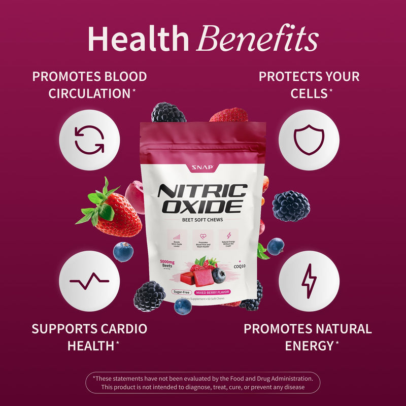 Snap Supplements Beet Root Natural Nitric Oxide Supplements for Men & Women, with Beet Root Extract for Energy, Heart Health & Circulation Support, 60 Soft Chews (1 Month Supply), Mixed Berry