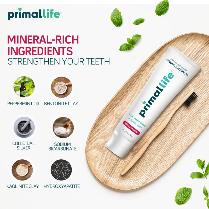 [Australia] - Primal Life Organics Premium Dirty Mouth Mineral Toothpaste - Nano-Hydroxyapatite, Colloidal Silver, Charcoal - Organic, All Natural Whitening Formula (Peppermint Flavor, 4 Oz) Peppermint 