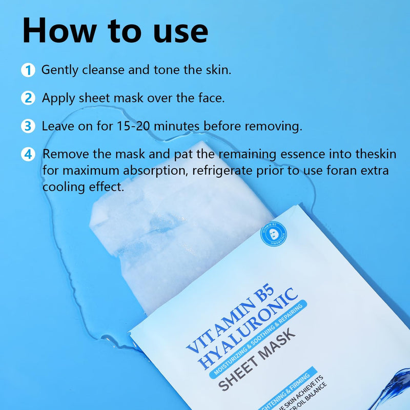 IREV Hyaluronic Acid Face Masks Skincare with Vitamin B5, Hydrating Moisturizing Facial Masks Skin Care, Face Sheet Mask Daily Care Beauty Care for for All Skin