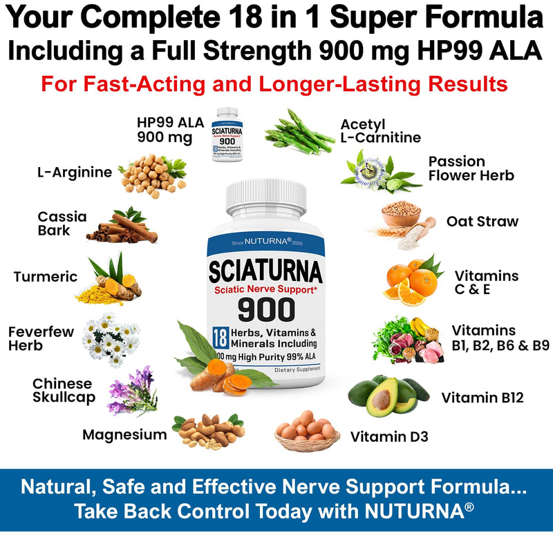 Sciatica Nerve Support Supplement with 900 mg HP-99 Alpha Lipoic Acid Formula - Max Strength ALA for Feet Hands Fingers Legs - Ultra Potent 18 in 1 Natural Peripheral Nerve Vitamins - 180 Capsules 180 Count (Pack of 1)